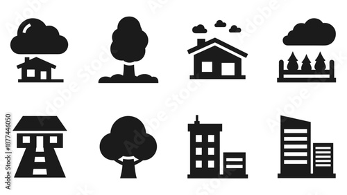 Simple silhouette icons of buildings and nature elements