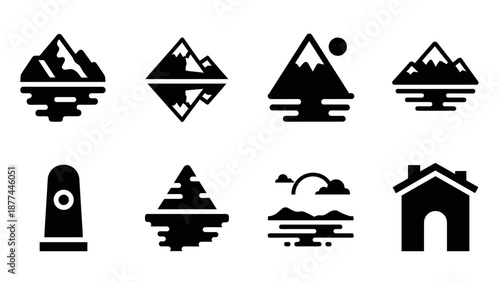 Minimalist mountain and nature icons collection in silhouette style