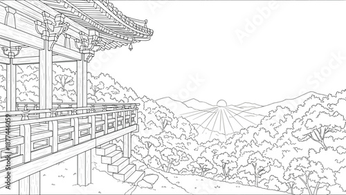 Traditional asian architecture with scenic mountain view in linear style