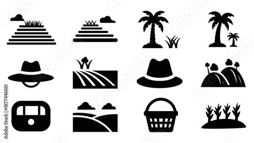 Silhouette icons: nature landscapes and palm trees collection