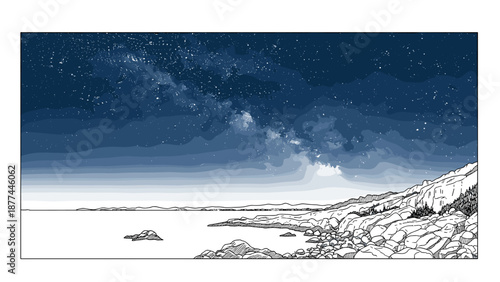 Night sky with stars over rocky coast in detailed sketch style