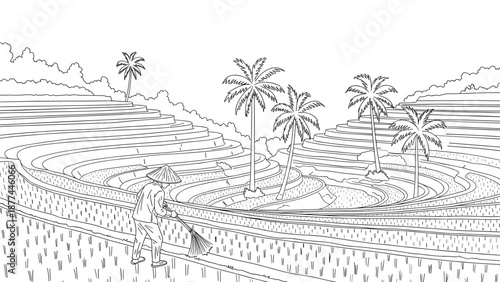 Detailed black and white landscape of rice terraces with farmer and palm trees