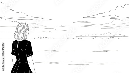 Minimalist line art woman gazing at tranquil ocean horizon