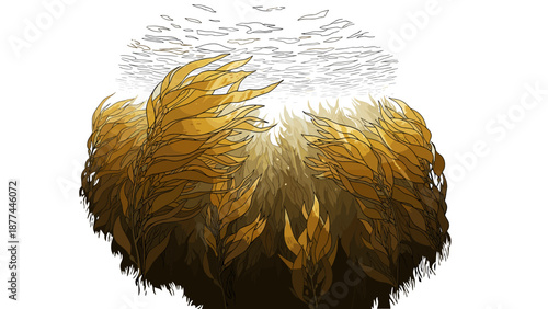 Mystical underwater kelp forest illuminated by sunlight