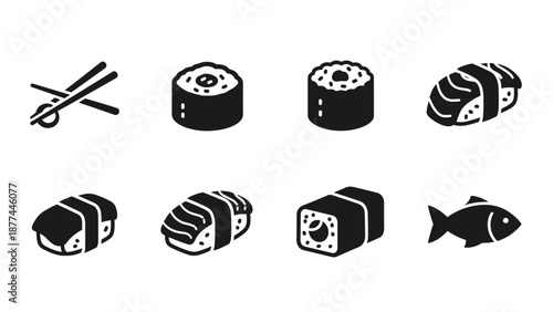 Minimalist sushi icon set: japanese cuisine elements in simple black silhouette style