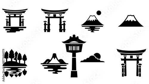 Japanese landmarks and nature silhouettes featuring torii gates and mount fuji