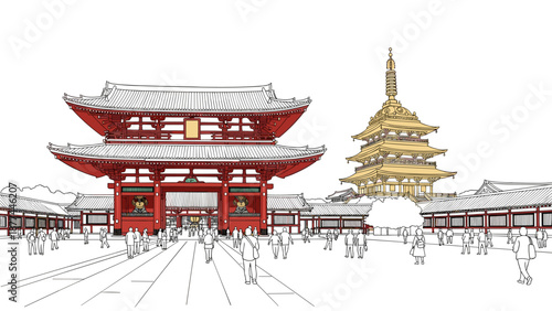 Linear architectural drawing of traditional japanese pagoda and temple complex
