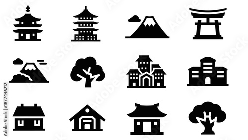 Japanese culture icons: pagodas, torii, and mount fuji in silhouette style