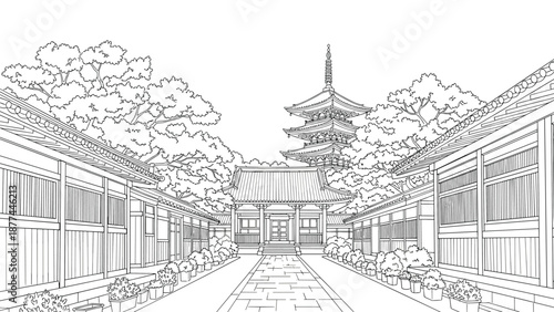 Traditional japanese temple courtyard with pagoda in linear black and white design