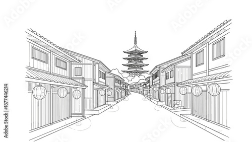 Traditional japanese street with pagoda and lanterns in linear style