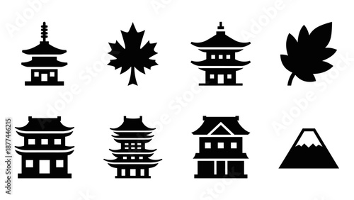 Silhouette icons of japanese architecture and nature elements