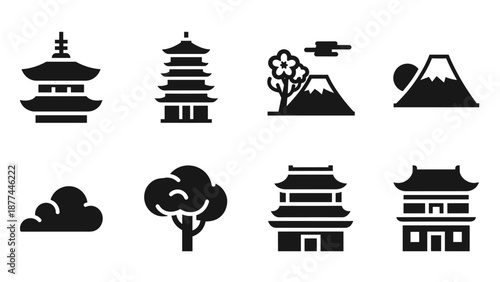 Minimalist japanese icons featuring pagodas, sakura, and mount fuji