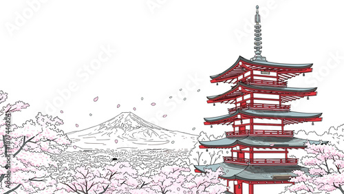 Chureito pagoda and mount fuji with cherry blossoms in spring landscape