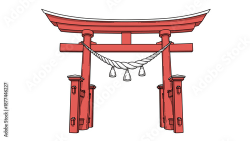 Red torii gate in traditional japanese style with shimenawa rope