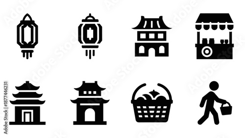 Silhouette icons of lanterns, pagoda, and market stalls for asian culture themes