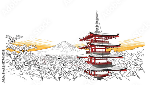 Traditional japanese pagoda and mt. fuji at sunrise with cherry blossoms
