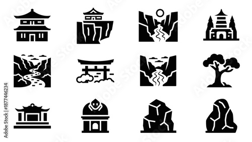Minimalist black silhouette icons of japanese landmarks and nature elements