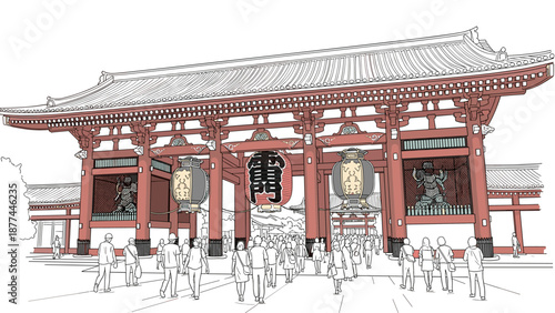 Traditional japanese temple gate with tourists in linear style