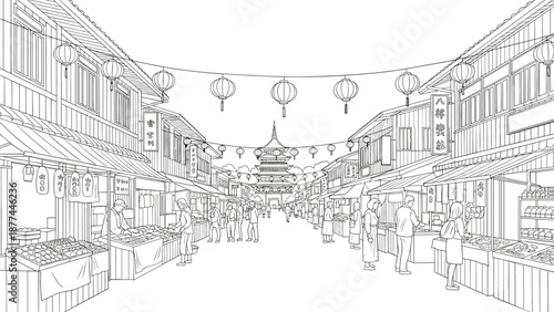 Traditional street market with lanterns and pagoda in linear style