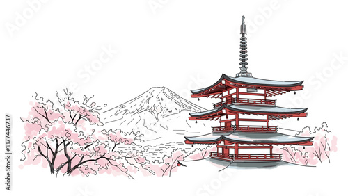 Japanese temple and cherry blossoms with mt. fuji in the background in linear style
