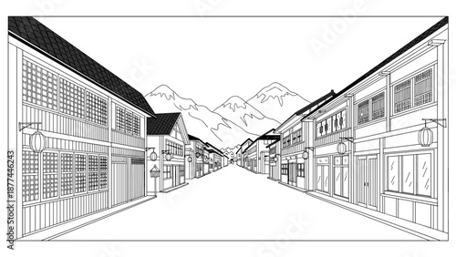Tranquil black and white japanese street with mountain view
