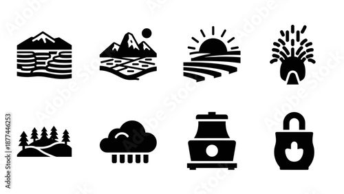 Minimalist nature and technology icons in silhouette style