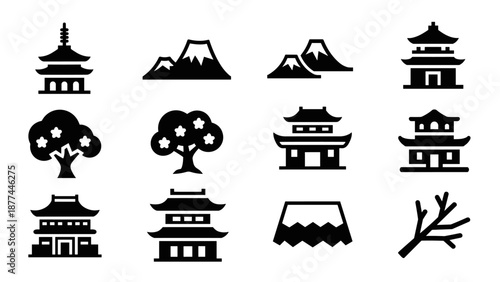 Minimalist japanese icon set featuring pagodas, mountains, and trees