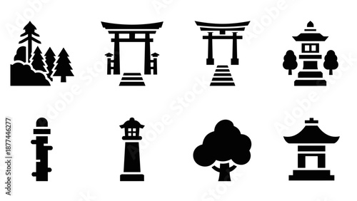 Minimalist japanese icon set featuring torii gates pagodas and nature elements