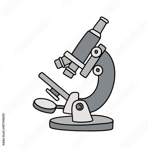Simple cartoon illustration of a grey microscope, a fundamental scientific instrument for laboratory research, education, and biological study.