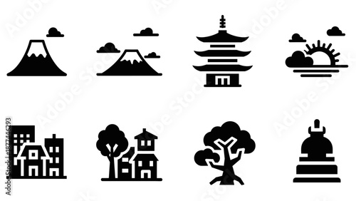 Minimalist travel icons: japan and urban landscape in simple silhouettes