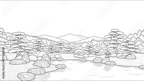 Tranquil japanese garden with lantern and mountains in outline style