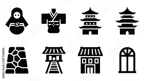 Japanese icon set: traditional silhouettes of kimono, pagoda, and dolls