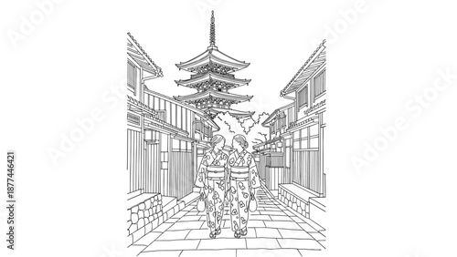 Traditional japanese street scene with women in kimono and pagoda in outline style