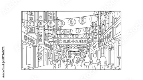 Busy lantern-lit street with people in a linear art style