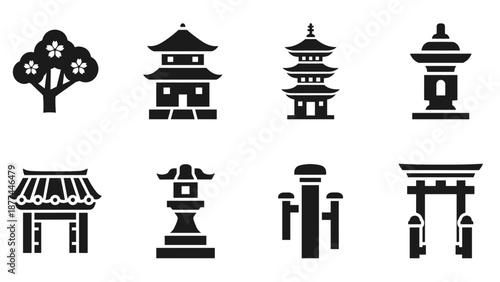 Japanese cultural icon set: traditional architecture and nature in silhouette style
