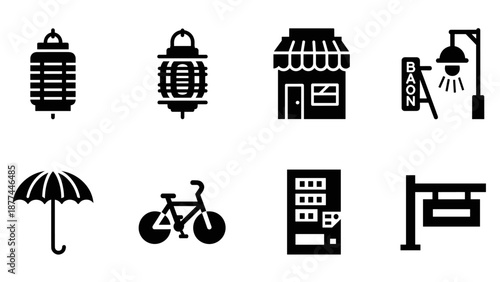Set of urban icons in bold silhouette style featuring city elements
