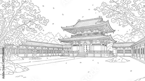 Tranquil japanese temple courtyard in black and white linear art