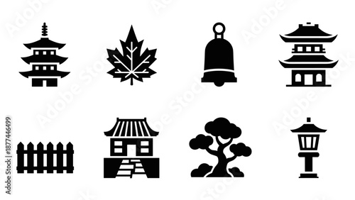 Silhouette icons of japanese architecture and nature elements