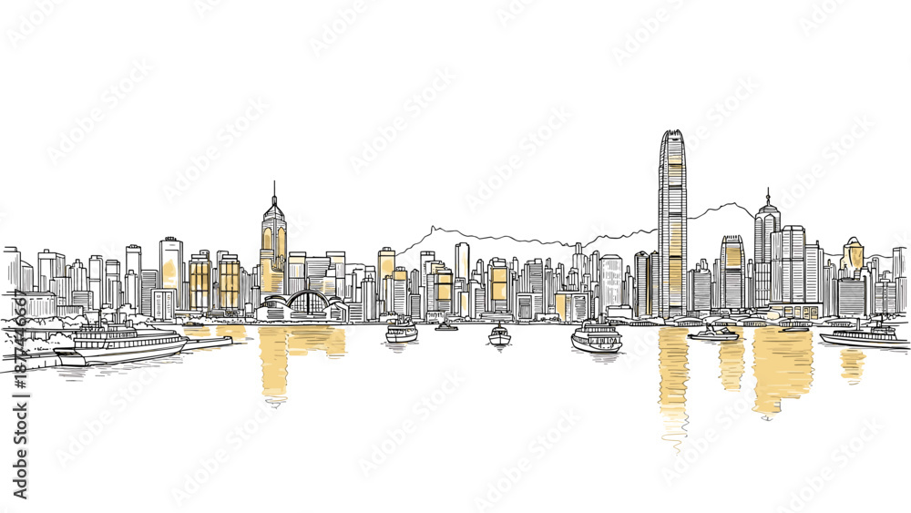 Obraz premium Urban harbor skyline with skyscrapers and boats in linear style
