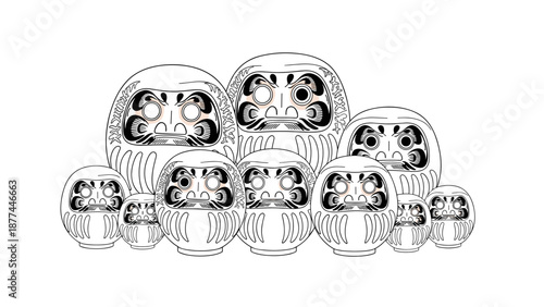 Monochrome daruma dolls: traditional japanese cultural symbol in linear art
