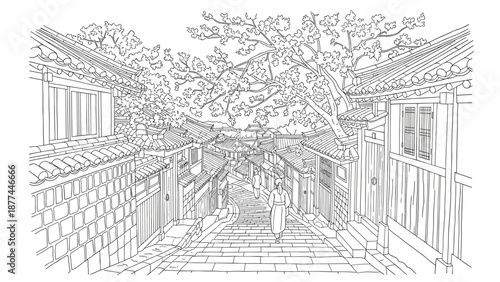 Charming street in traditional korean village with blossoming trees line art