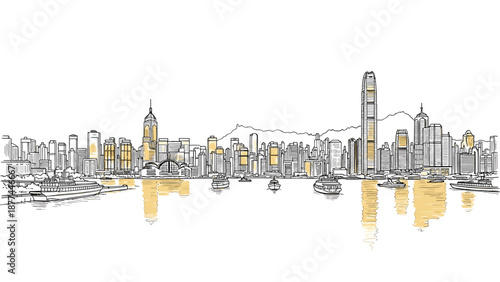 Urban harbor skyline with skyscrapers and boats in linear style