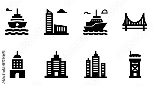 Silhouette icons of urban landmarks and transport elements