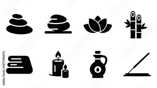 Spa icons: zen rocks, lotus, bamboo, candle, towel, massage oil in silhouette style