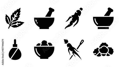 Herbal medicine icons: modern silhouette collection of natural remedies and ingredients