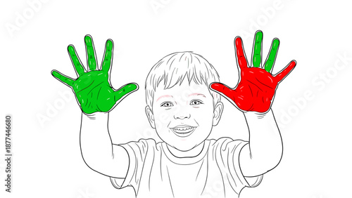 Happy child with green and red painted hands smiling at camera in line art style