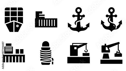 Maritime icons collection: ships, anchors, cranes, and containers in bold silhouette design