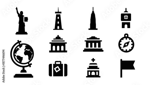 Travel icon set: landmarks, compass, and globe in bold silhouette style