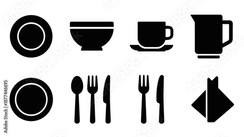 Minimalist black kitchenware silhouettes: dishes, utensils, and cups
