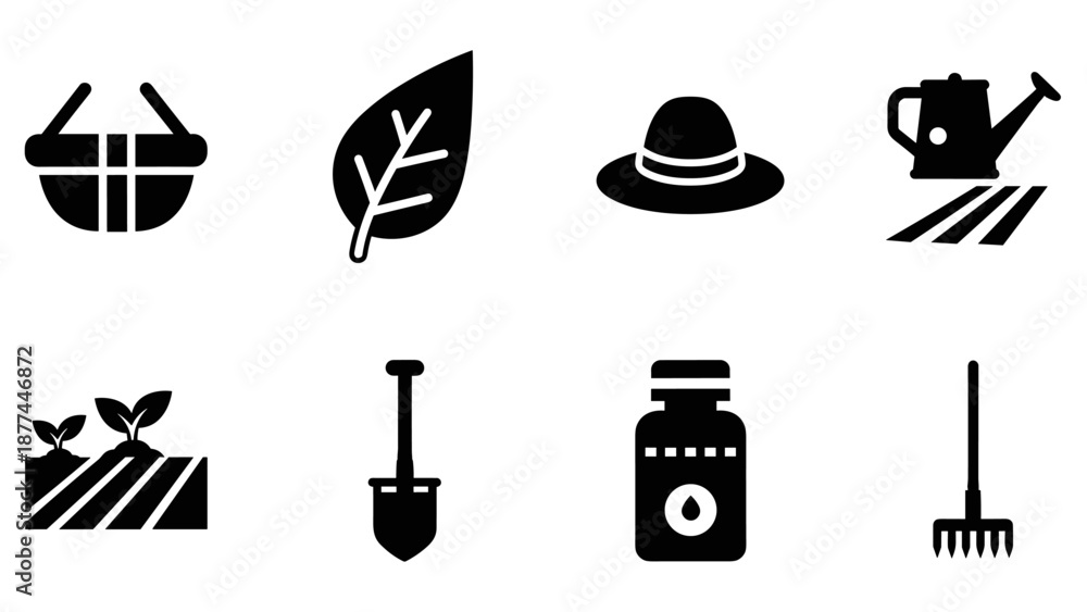 Fototapeta premium Silhouette garden icons set: tools, plants, and accessories for horticulture design
